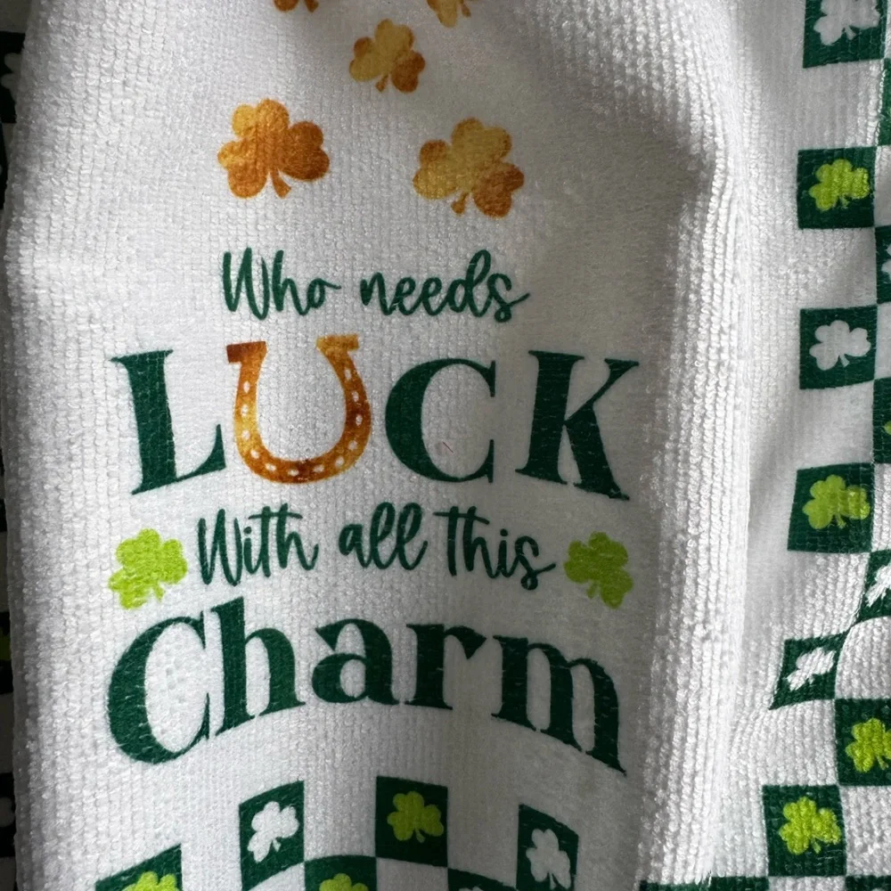 Hand Crafted St Patty Green and White Kitchen Towels